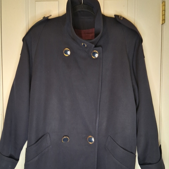 VINTAGE Anna Collection Saxonia Pure Virgin Wool Navy Blue Trench Coat - Picture 11 of 16